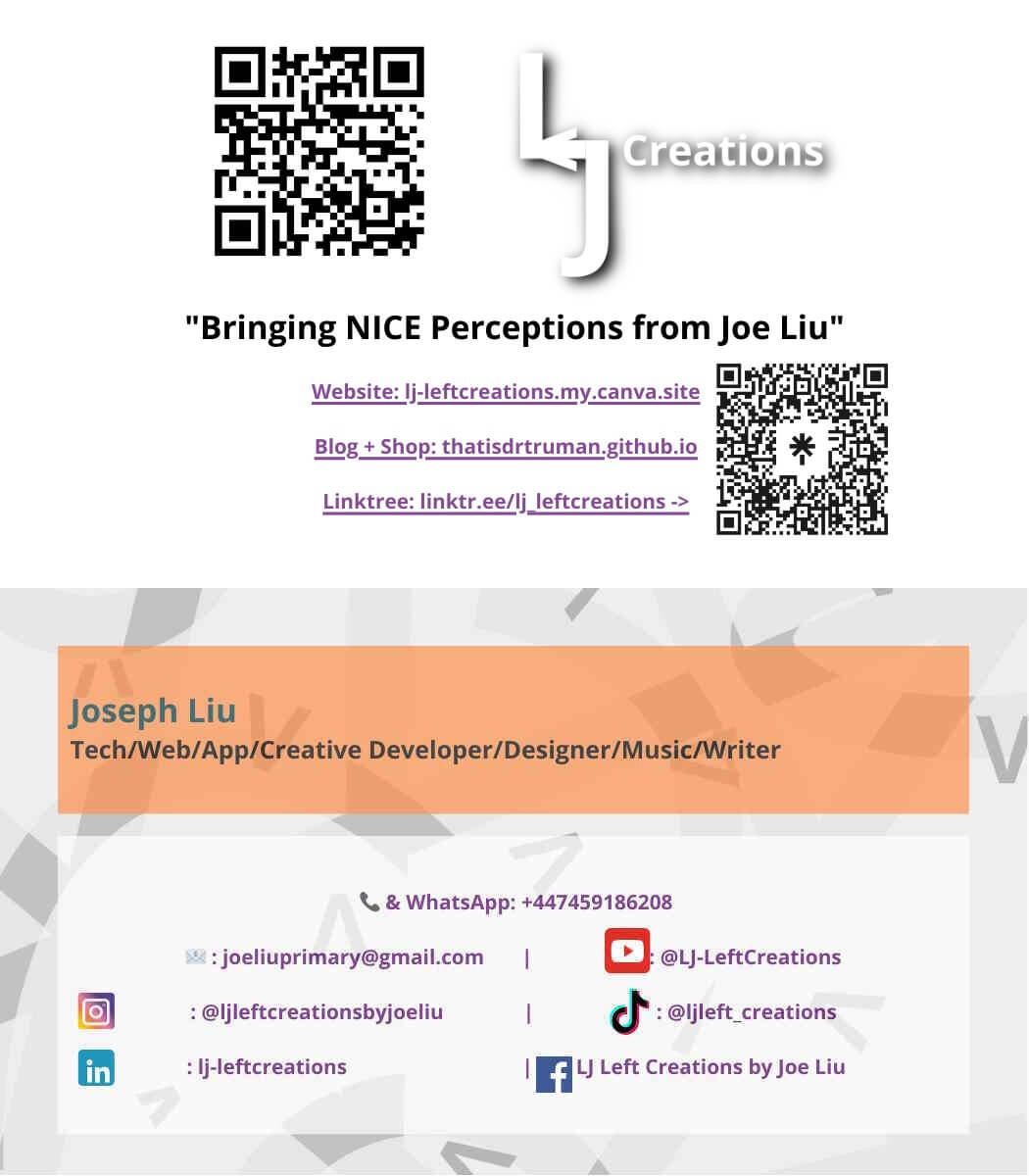 LJ-Left Creations Business Card. Tech/Web/App/Creative Developer/Designer/Writer/Musician Email: joeliuprimary@gmail.com