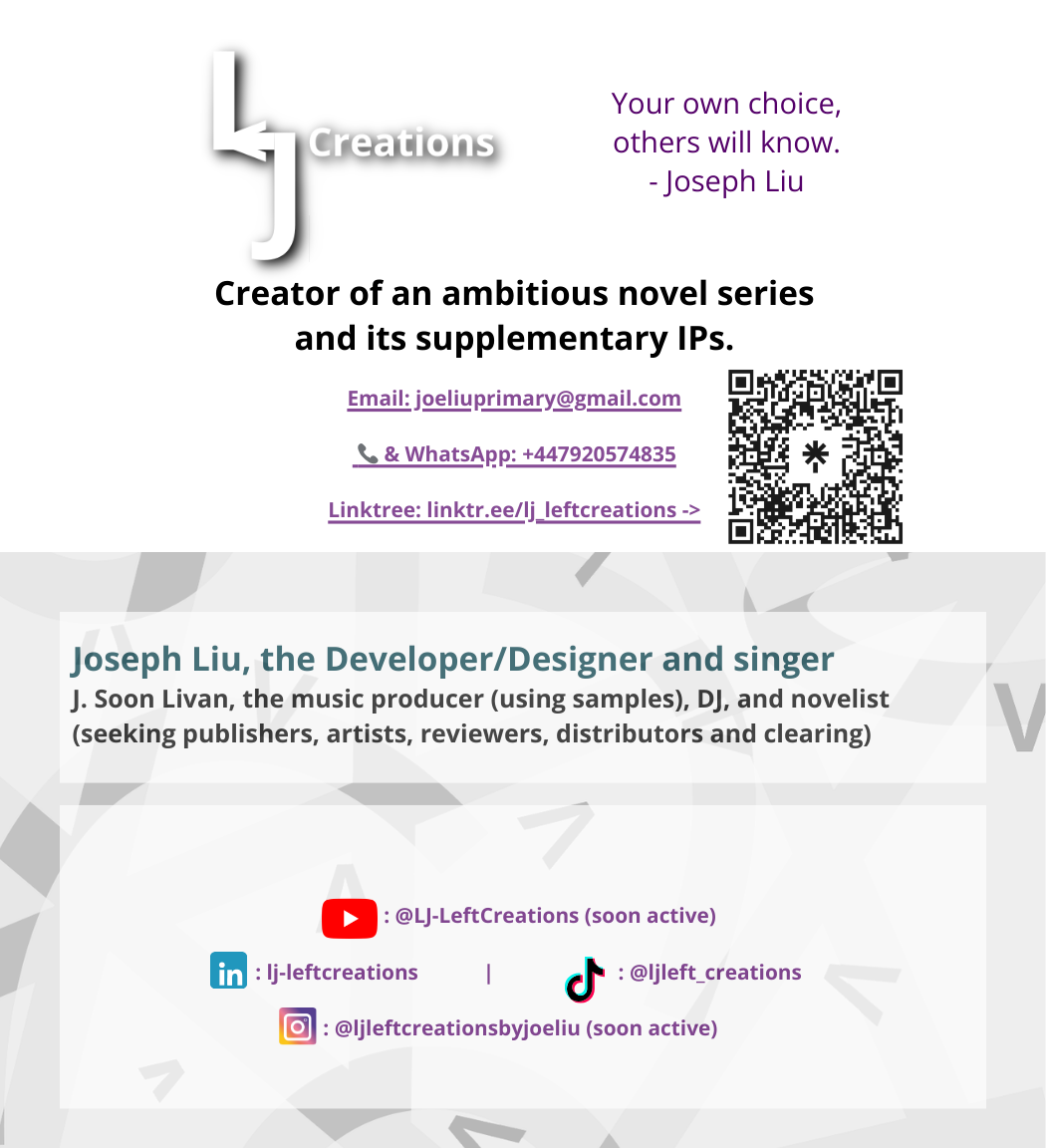 LJ-Left Creations Business Card. Tech/Web/App/Creative Developer/Designer/Writer/Musician Email: joeliuprimary@gmail.com